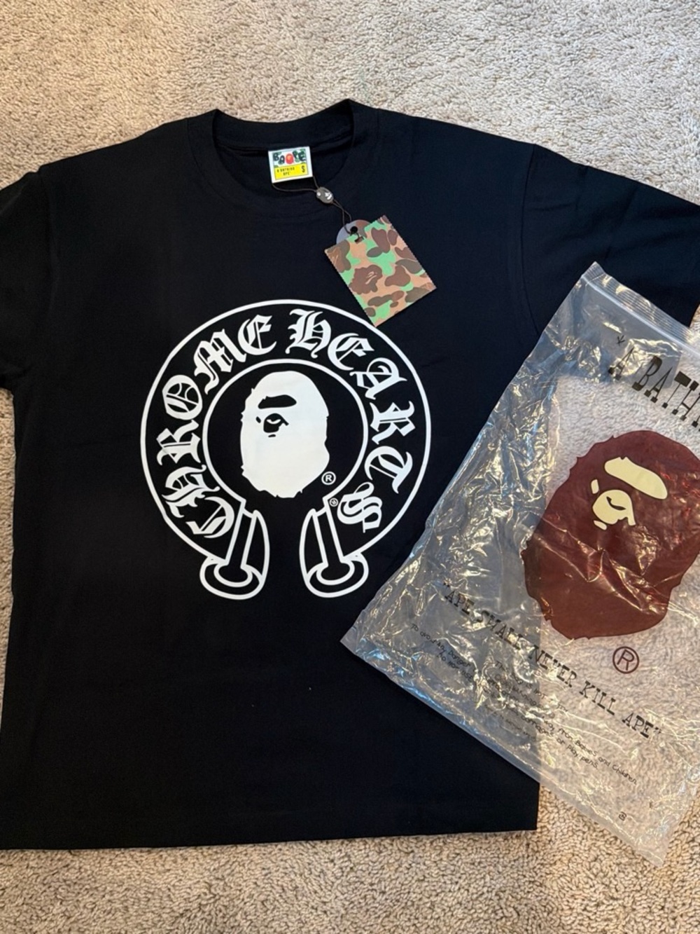 Bape Black Tee with White Ape Logo Graphic